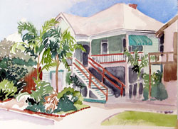 Artwork title 'House with Peach Railings' - Contact The Water's Edge Studio and Gallery for price and availability - gayle at galvestonwatersedge dot com