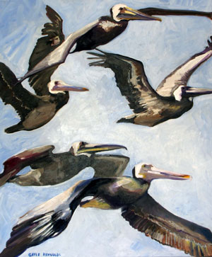 Artwork title 'Pelicans in Flight' - Contact The Water's Edge Studio and Gallery for price and availability - gayle at galvestonwatersedge dot com