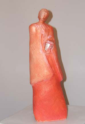 Sculpture Artwork by Pat Moberley Moore currently showing at The Water's Edge Studio and Gallery, Artwork is a terracotta sculpture titled 'Lady with the Mask', 15 inches high; Contact thewatersedge at houston dot rr dot come for more information