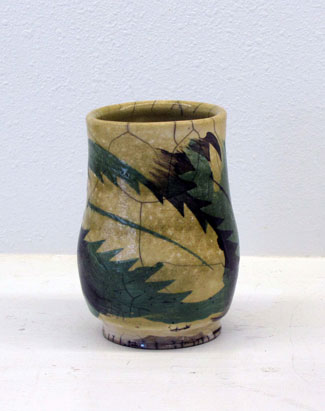 Raku, Artwork by Madeleine Baker currently showing at The Water's Edge Studio and Gallery, Artwork is titled 'Rainforest', Raku, about 6 inches high; Contact thewatersedge at houston dot rr dot com for more information