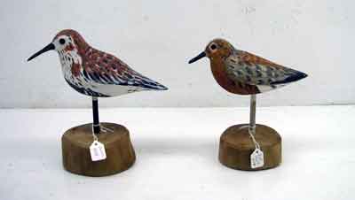 Carved and Painted Sculptures by Charles Caillouet currently showing at The Water's  Edge Studio and Gallery, Artwork are Red Knot and Dunlin, 7 1/4 and 7 3/4 inches high; Contact thewatersedge at houston dot rr dot com for more information