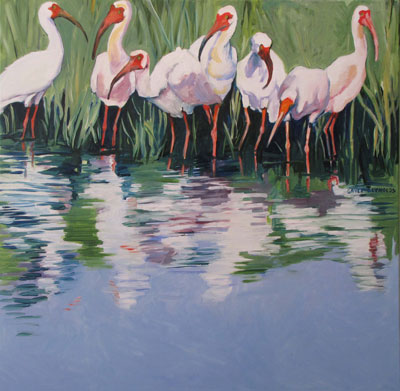 Artwork title 'Seven White Ibises' - Contact The Water's Edge Studio and Gallery for price and availability - gayle at galvestonwatersedge dot com