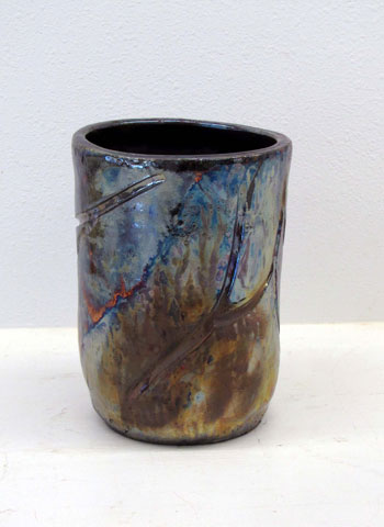 Pottery Artwork by Madeleine Baker currently showing at The Water's Edge Studio and Gallery, Artwork is titled 'Tendrils', Raku with Copper Glaze, about 9 inches high; Contact thewatersedge at houston dot rr dot com for more information