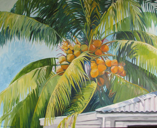 Artwork title 'Coconuts Above a Tin Roof' - Contact The Water's Edge Studio and Gallery for price and availability - gayle at galvestonwatersedge dot com