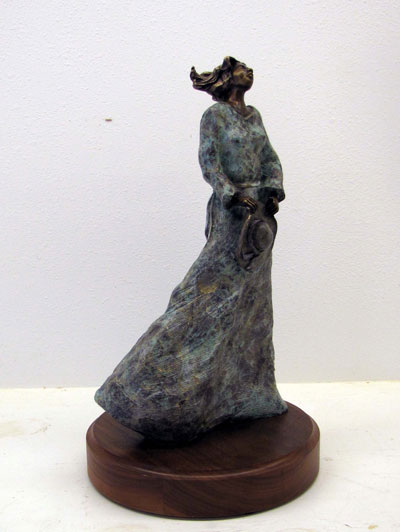 Sculptures by Pat Moberley Moore currently showing at The Water's Edge Studio and Gallery, Artwork is a bronze sculpture titled 'Windsong', 18 inches high; Contact thewatersedge at houston dot rr dot come for more information
